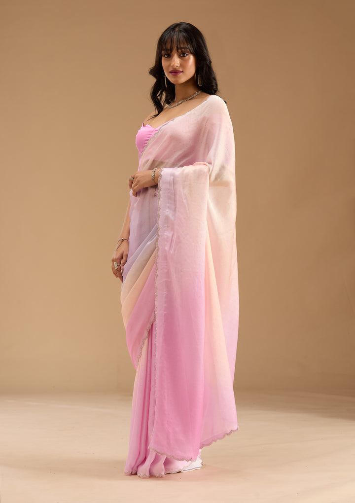 Baby Pink Satin Ombre Silver Stonework Saree With Matching Blouse Piece