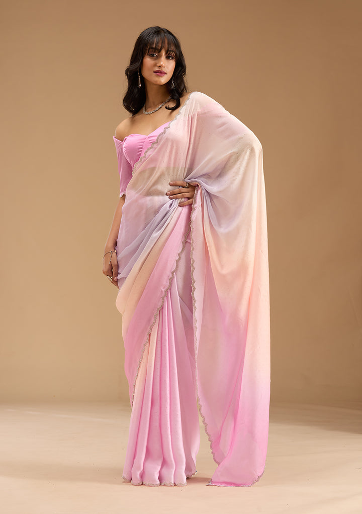 Baby Pink Satin Ombre Silver Stonework Saree With Matching Blouse Piece