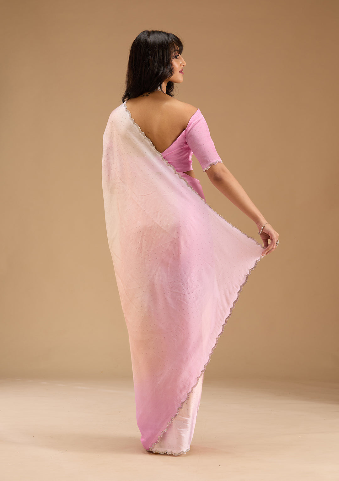 Baby Pink Satin Ombre Silver Stonework Saree With Matching Blouse Piece
