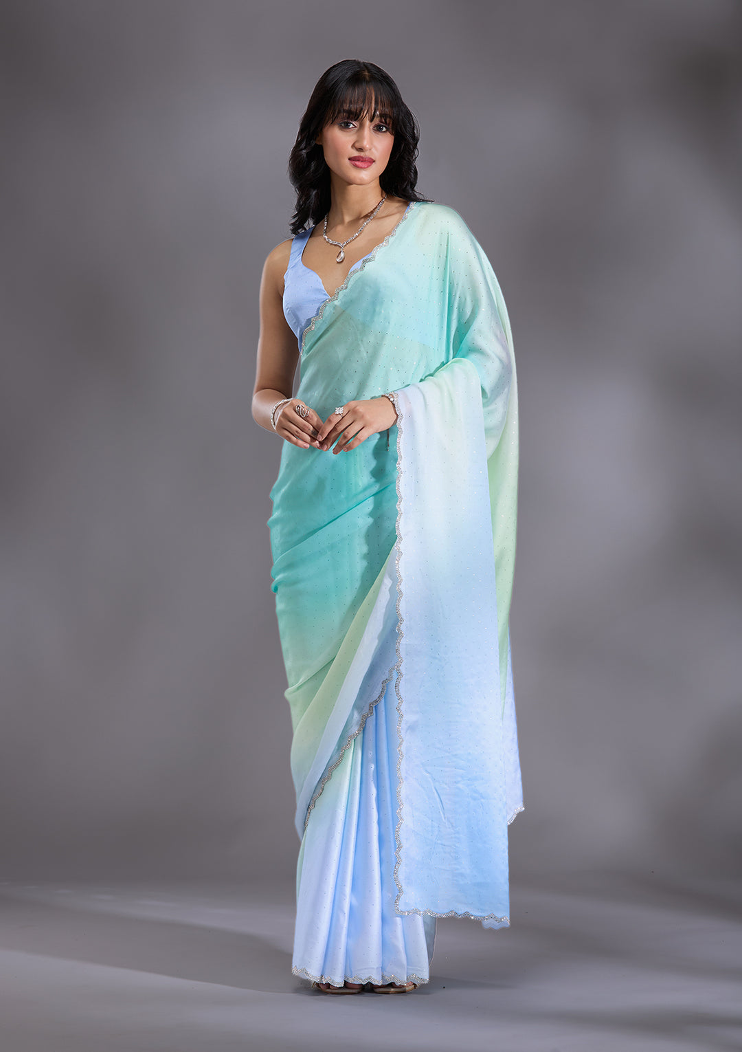 Sky Blue Satin Ombre Silver Stonework Saree With Matching Blouse Piece