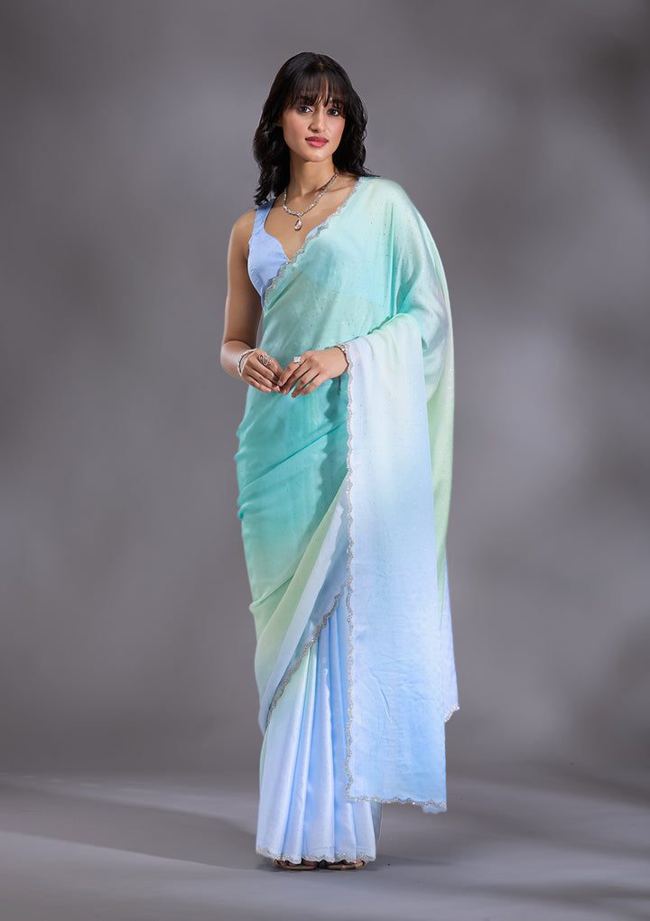 Sky Blue Satin Ombre Silver Stonework Saree With Matching Blouse Piece