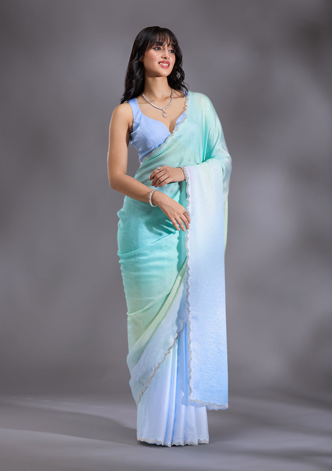 Sky Blue Satin Ombre Silver Stonework Saree With Matching Blouse Piece