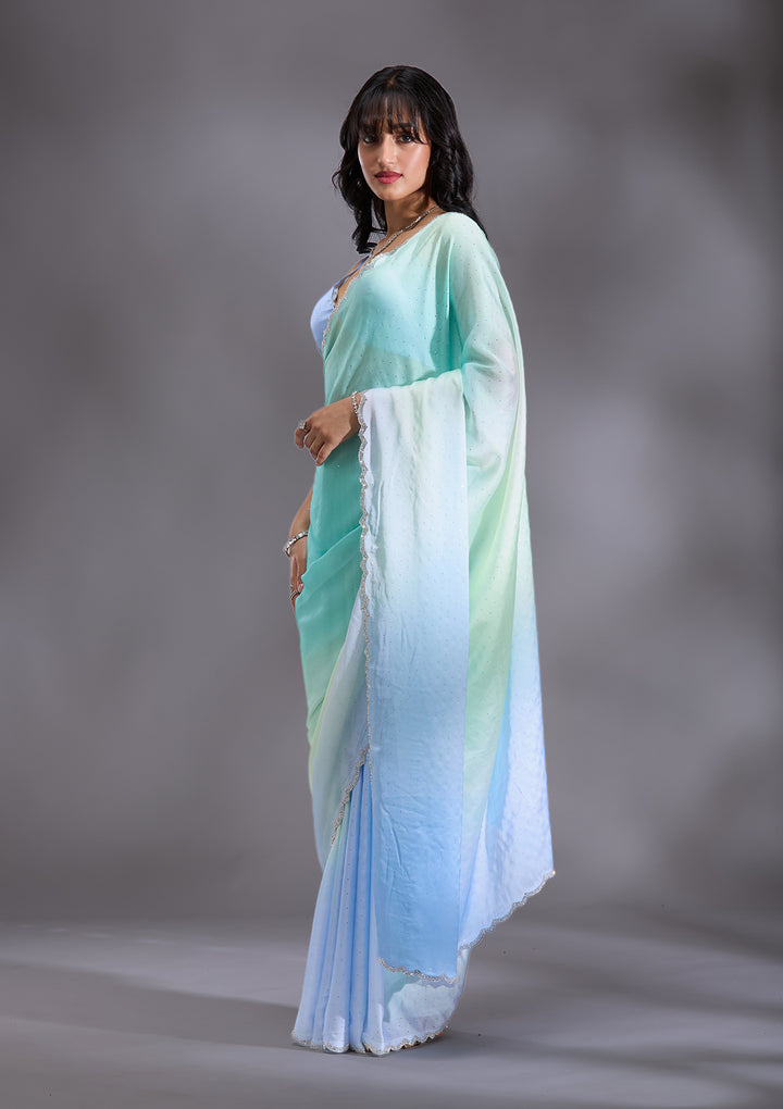Sky Blue Satin Ombre Silver Stonework Saree With Matching Blouse Piece