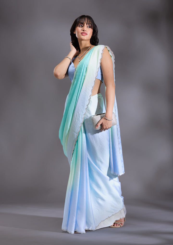 Sky Blue Satin Ombre Silver Stonework Saree With Matching Blouse Piece