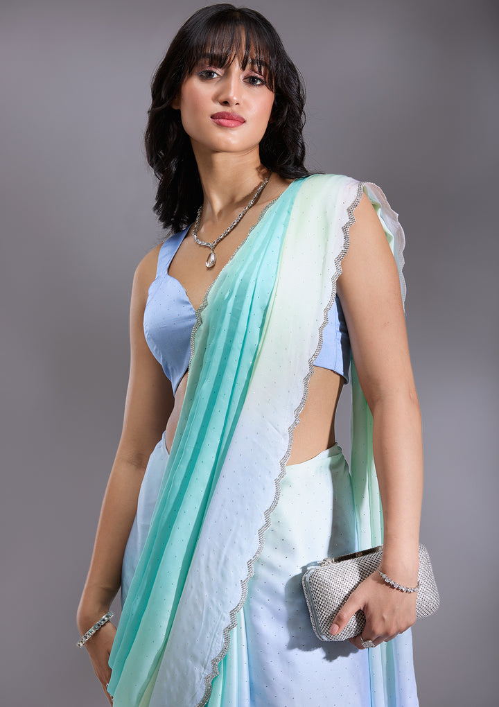 Sky Blue Satin Ombre Silver Stonework Saree With Matching Blouse Piece