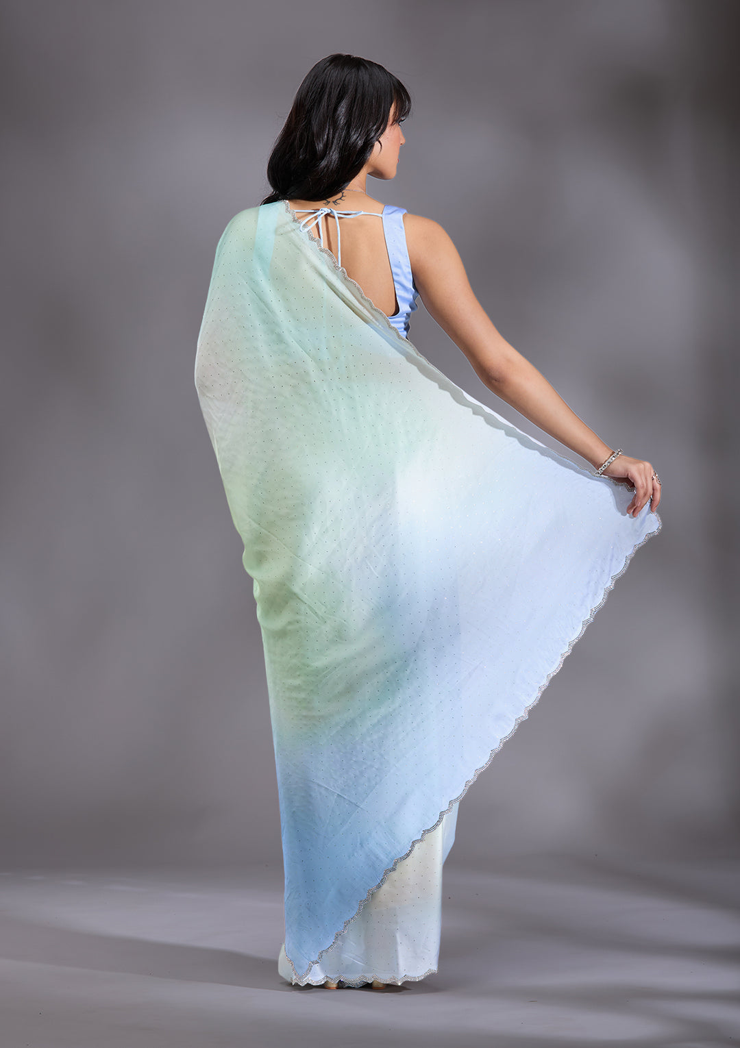 Sky Blue Satin Ombre Silver Stonework Saree With Matching Blouse Piece