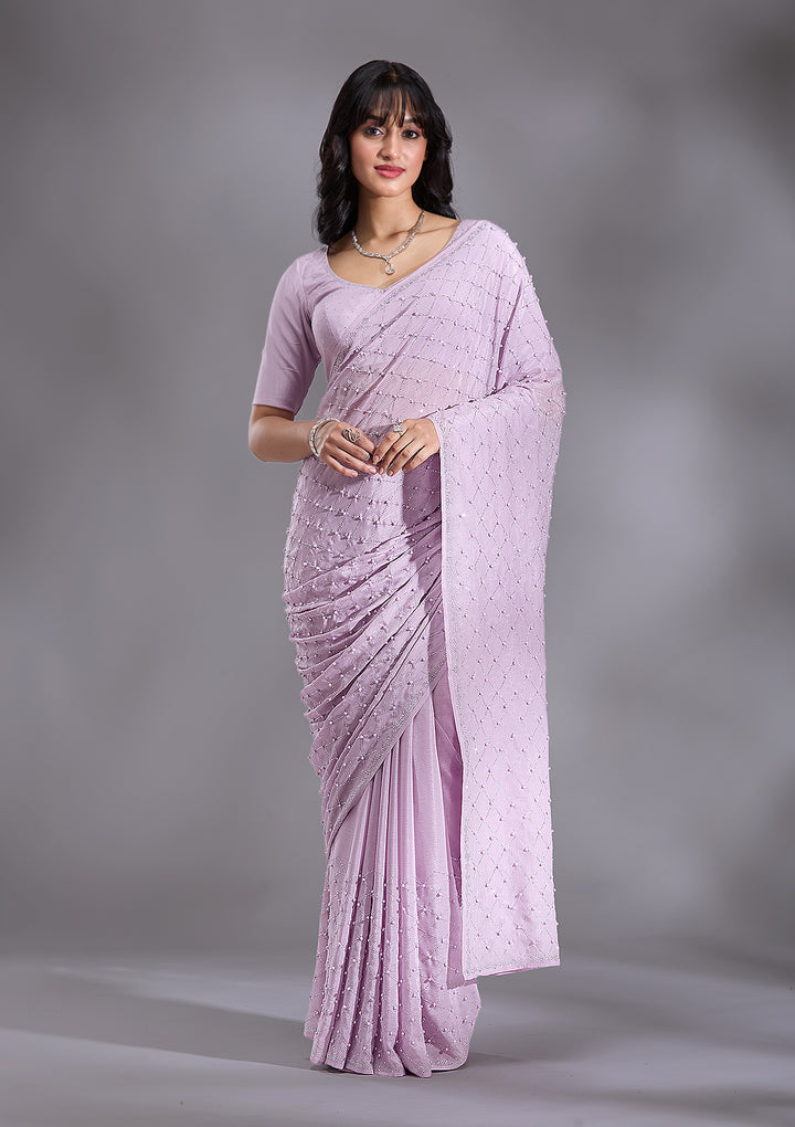 Lavender Pearlwork Chiffon Saree