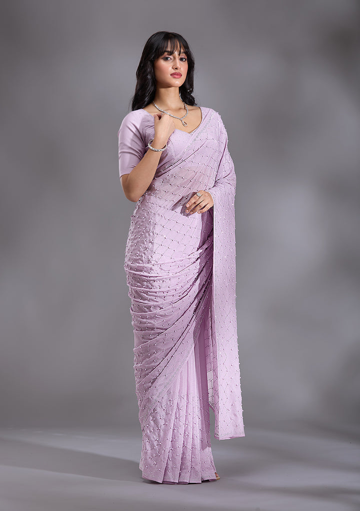 Lavender Pearlwork Chiffon Saree
