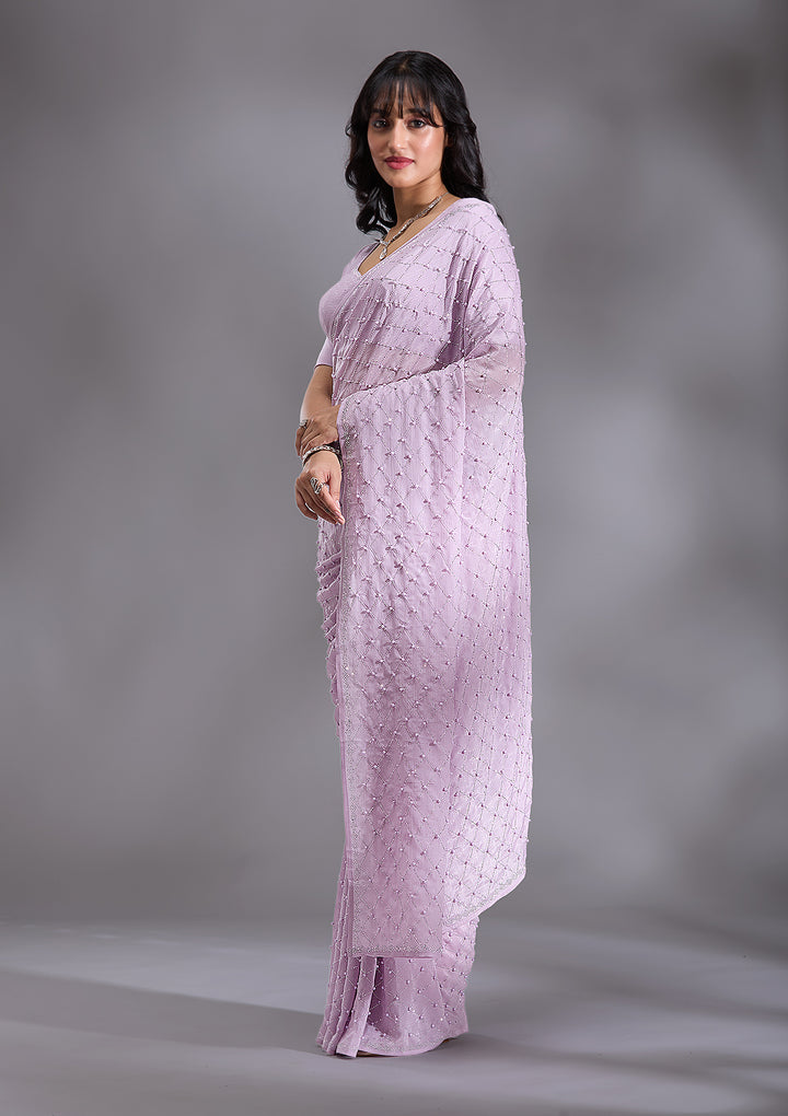 Lavender Pearlwork Chiffon Saree