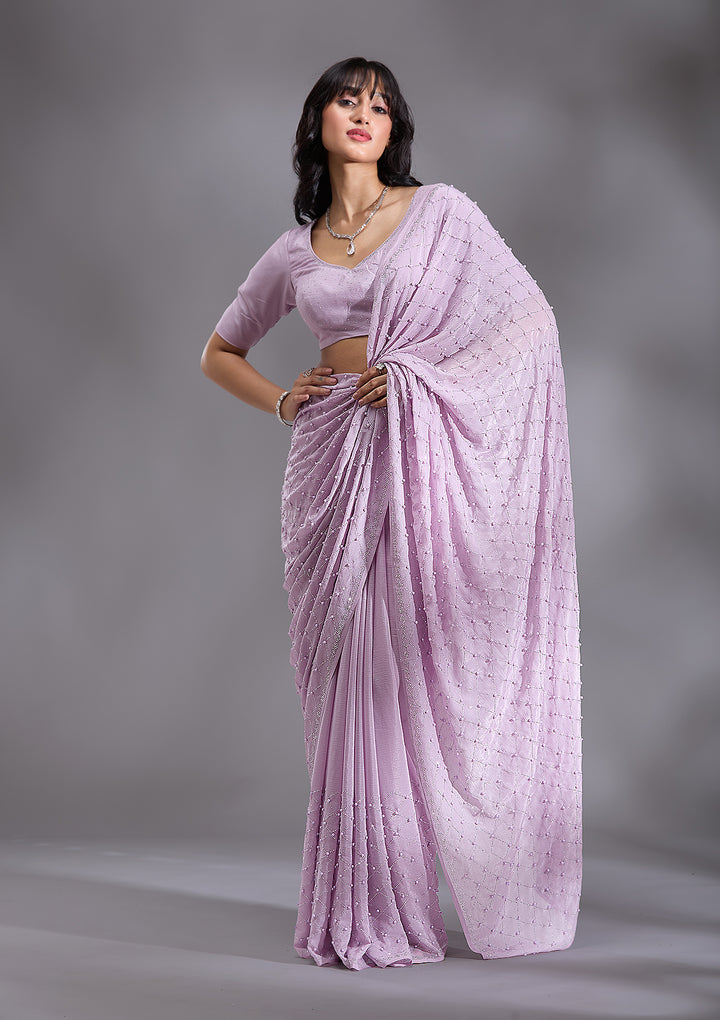 Lavender Pearlwork Chiffon Saree