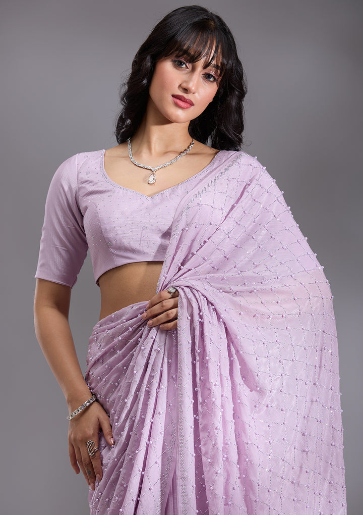 Lavender Pearlwork Chiffon Saree
