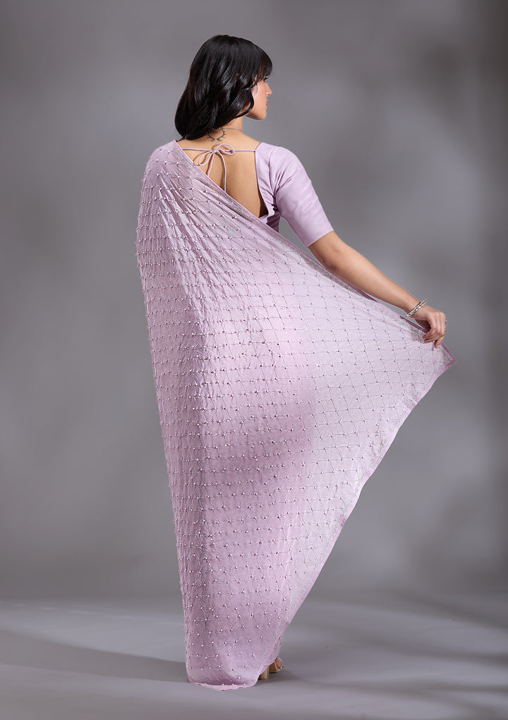 Lavender Pearlwork Chiffon Saree