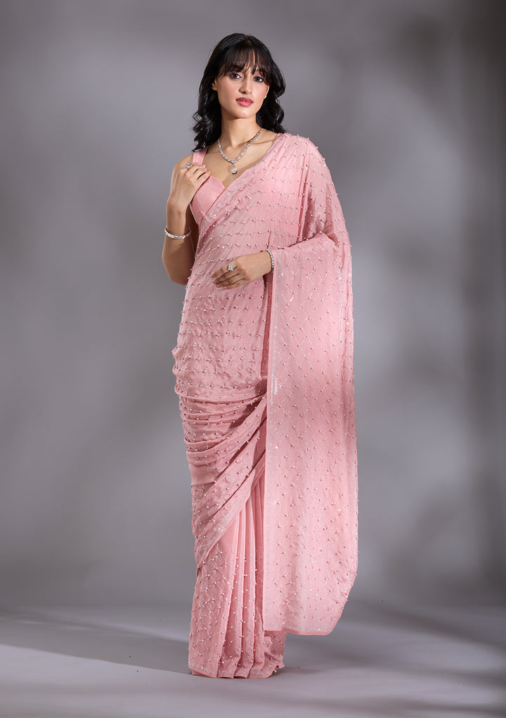 Peach Chiffon Pearlwork Saree With Matching Blouse Piece