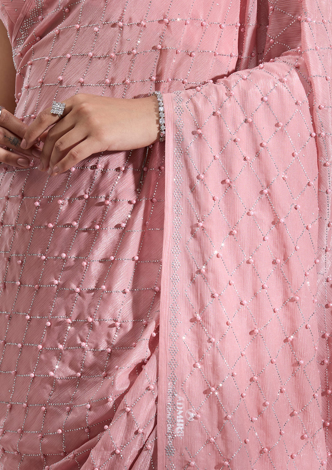 Peach Chiffon Pearlwork Saree With Matching Blouse Piece