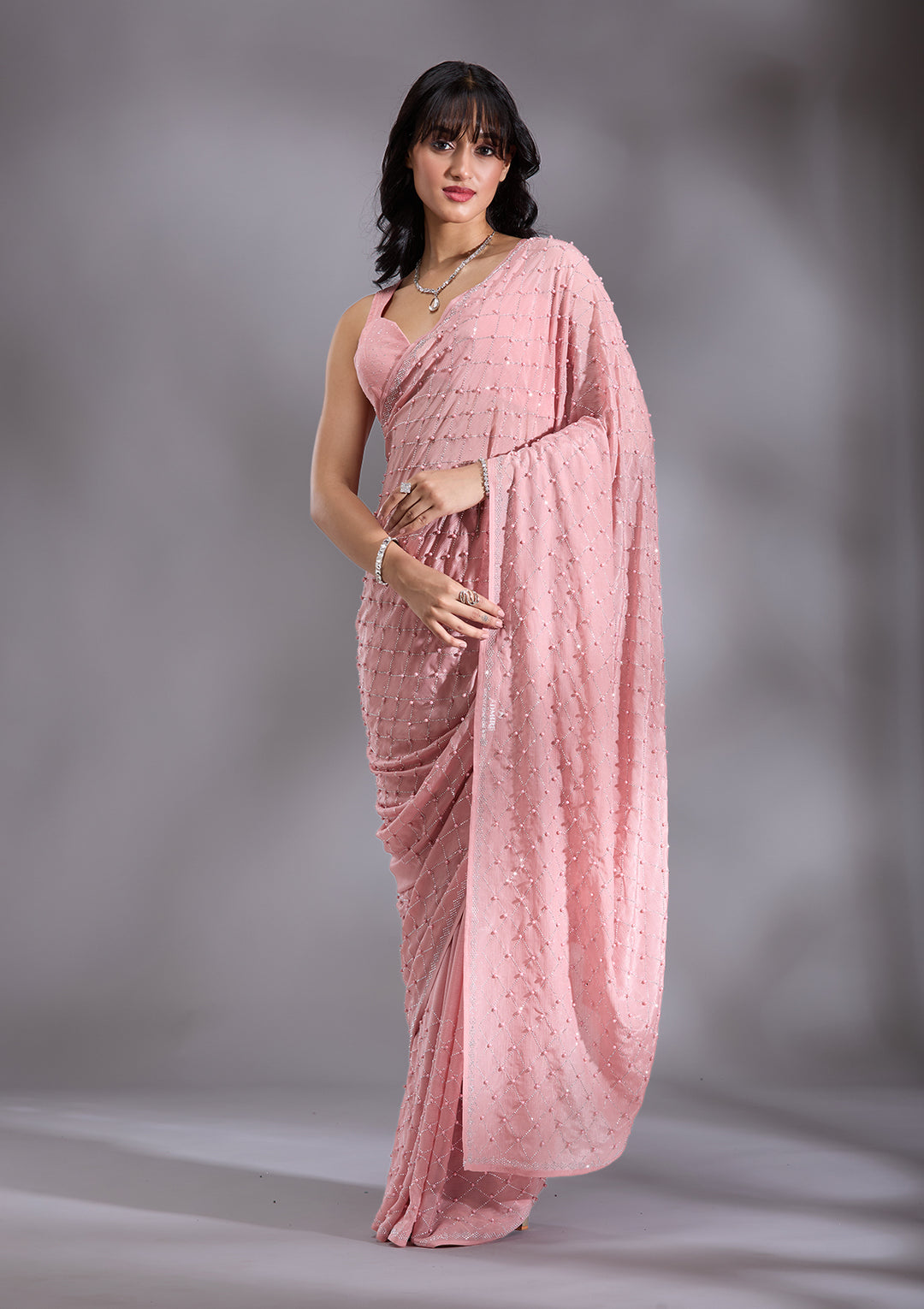 Peach Chiffon Pearlwork Saree With Matching Blouse Piece