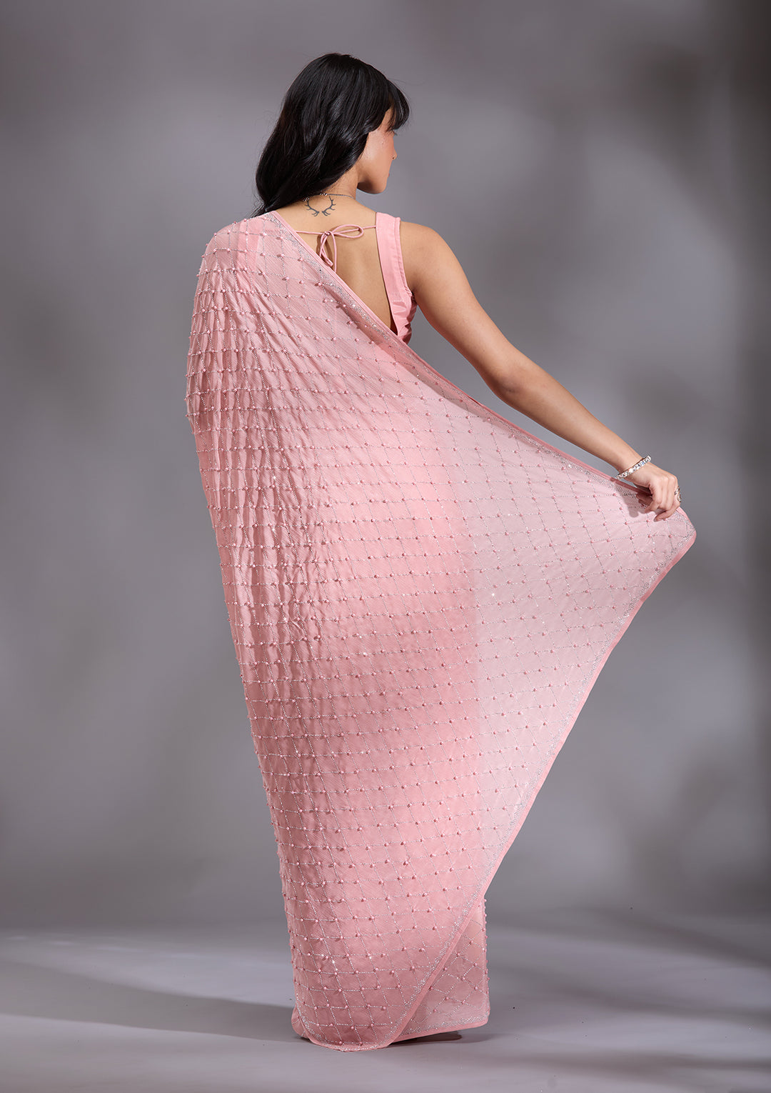 Peach Chiffon Pearlwork Saree With Matching Blouse Piece