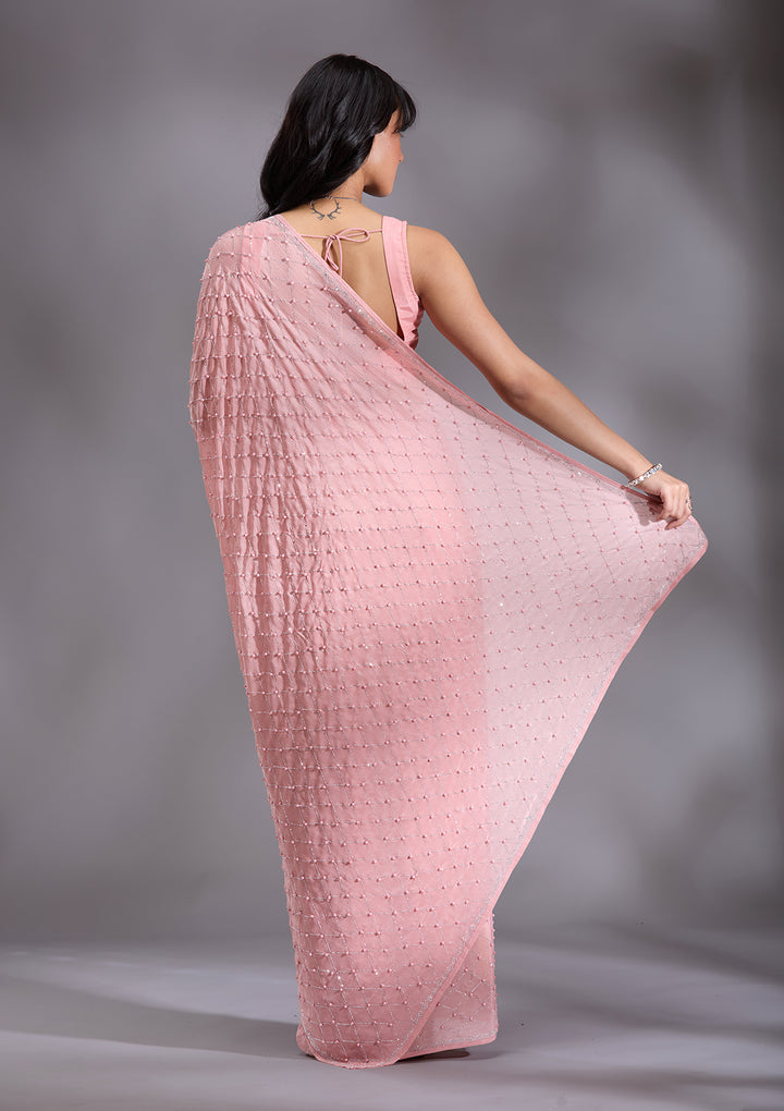 Peach Chiffon Pearlwork Saree With Matching Blouse Piece