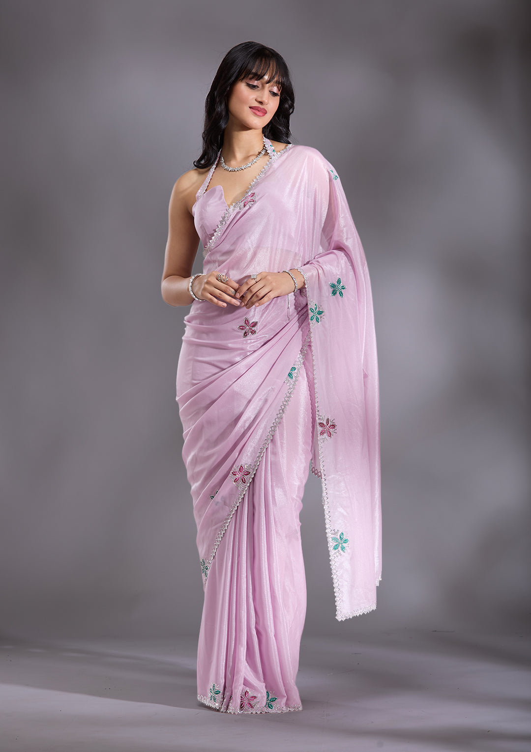 Lavender Silver Stonework Satin Saree