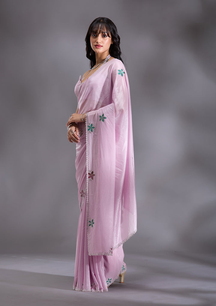Lavender Silver Stonework Satin Saree
