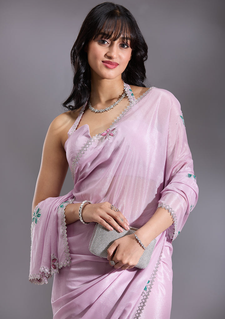 Lavender Silver Stonework Satin Saree