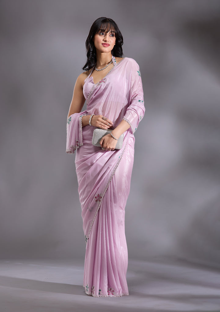 Lavender Silver Stonework Satin Saree
