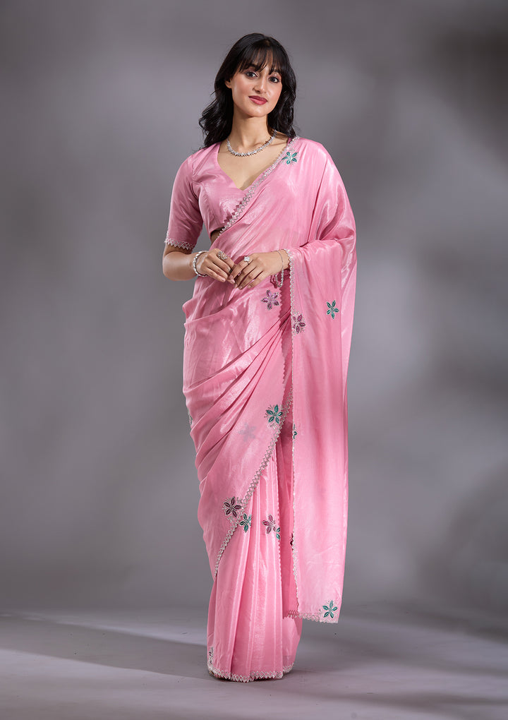 Pink Satin Floral Silver Stonework Saree With Matching Blouse Piece