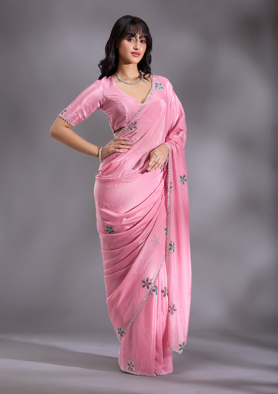 Pink Satin Floral Silver Stonework Saree With Matching Blouse Piece