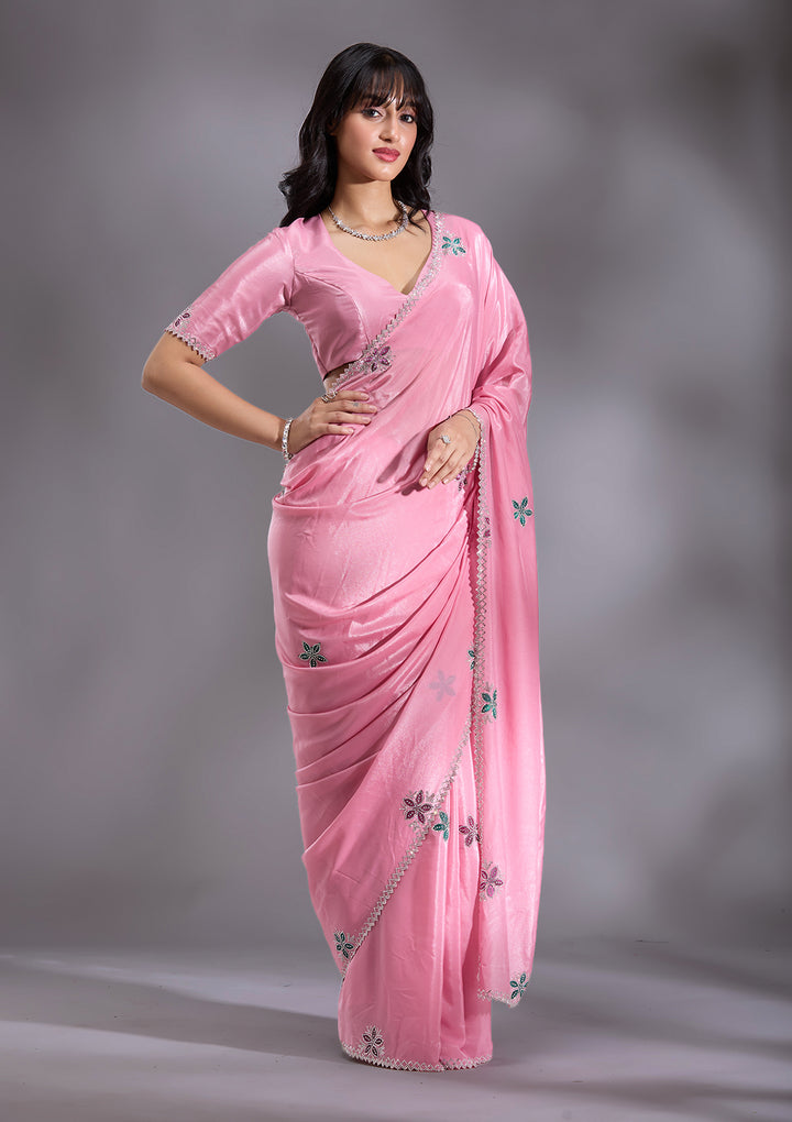 Pink Satin Floral Silver Stonework Saree With Matching Blouse Piece