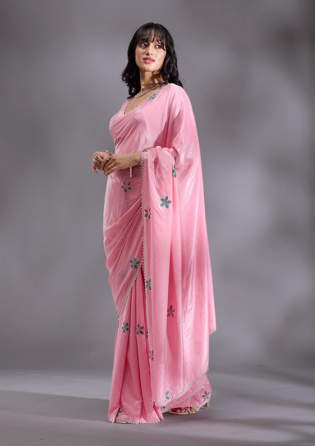 Pink Satin Floral Silver Stonework Saree With Matching Blouse Piece