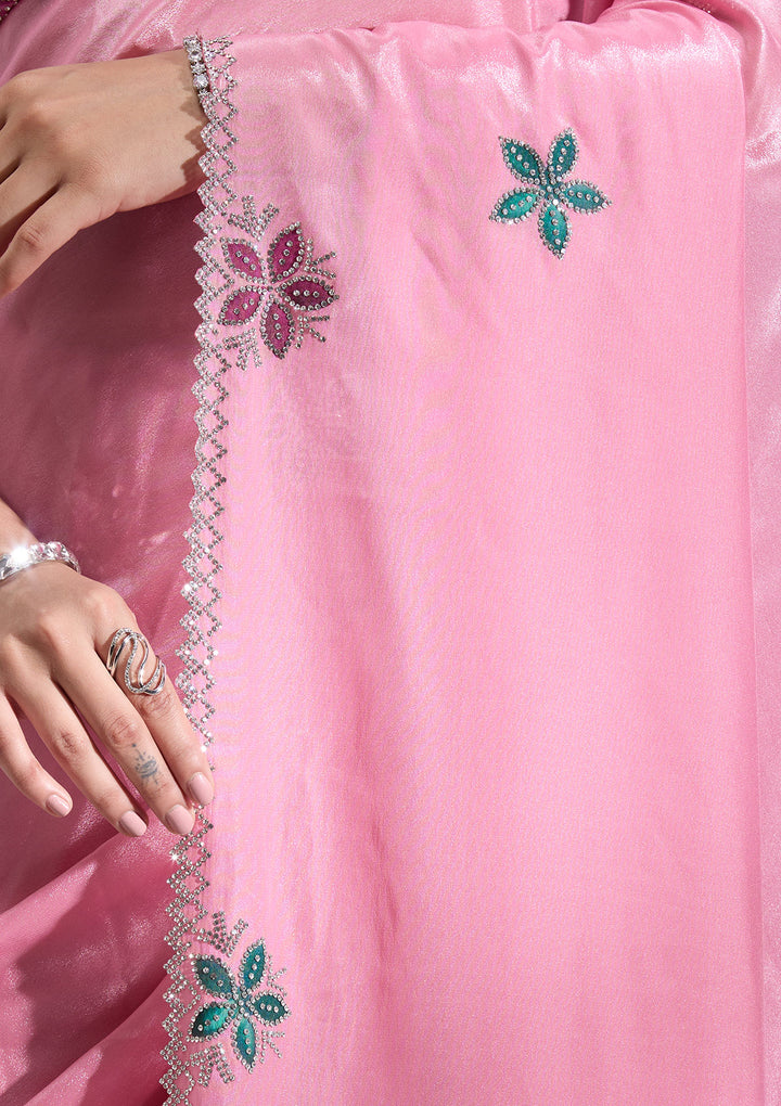 Pink Satin Floral Silver Stonework Saree With Matching Blouse Piece