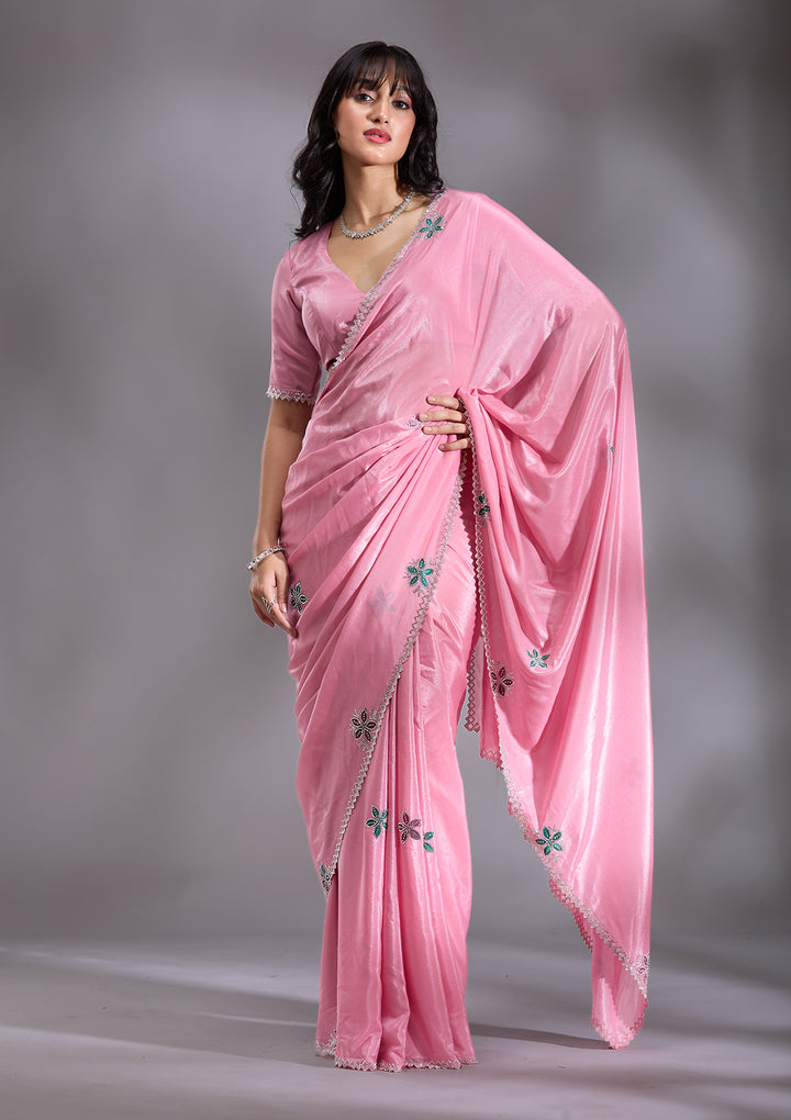 Pink Satin Floral Silver Stonework Saree With Matching Blouse Piece