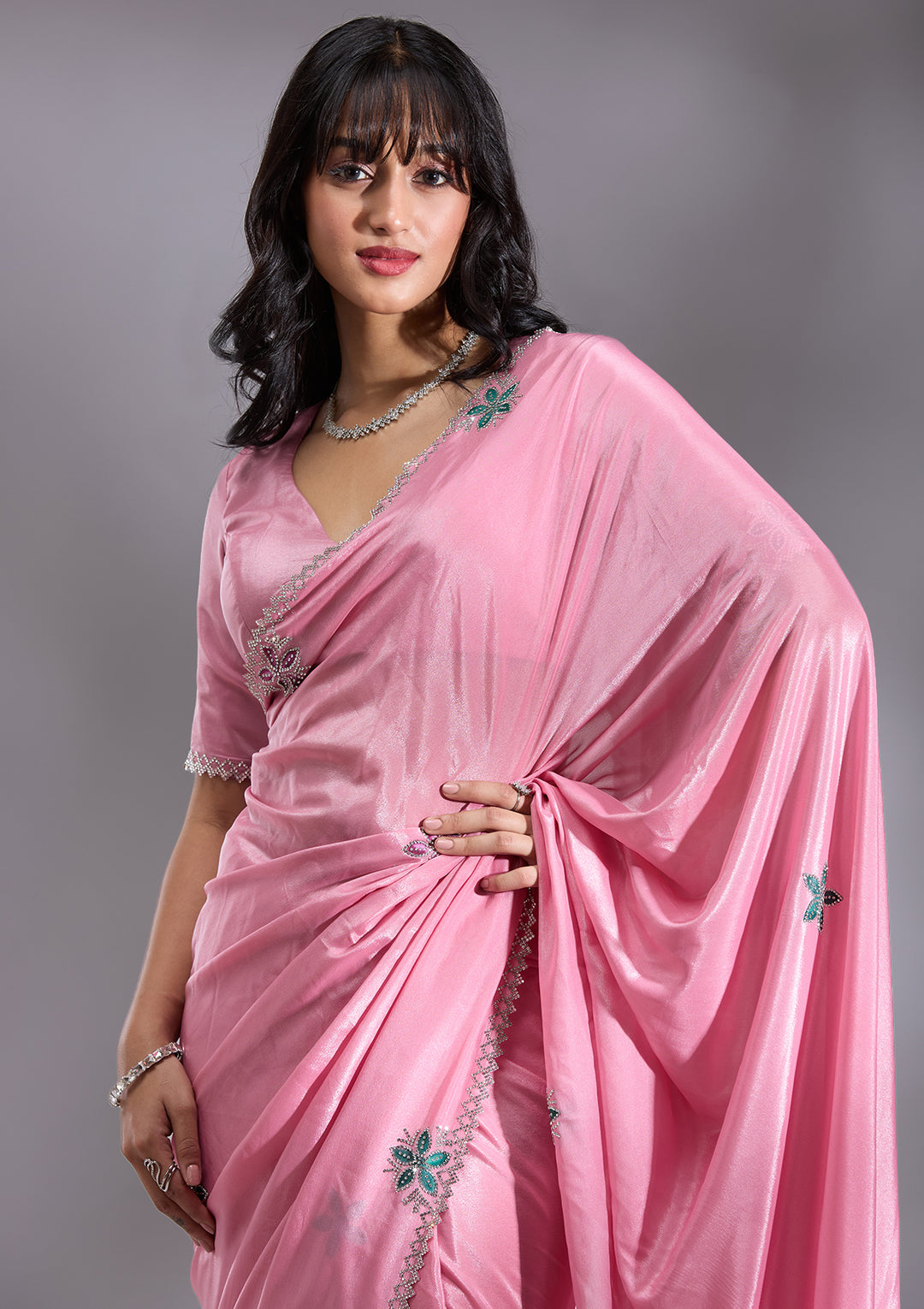Pink Satin Floral Silver Stonework Saree With Matching Blouse Piece