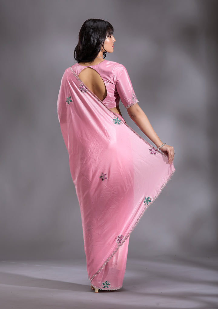 Pink Satin Floral Silver Stonework Saree With Matching Blouse Piece