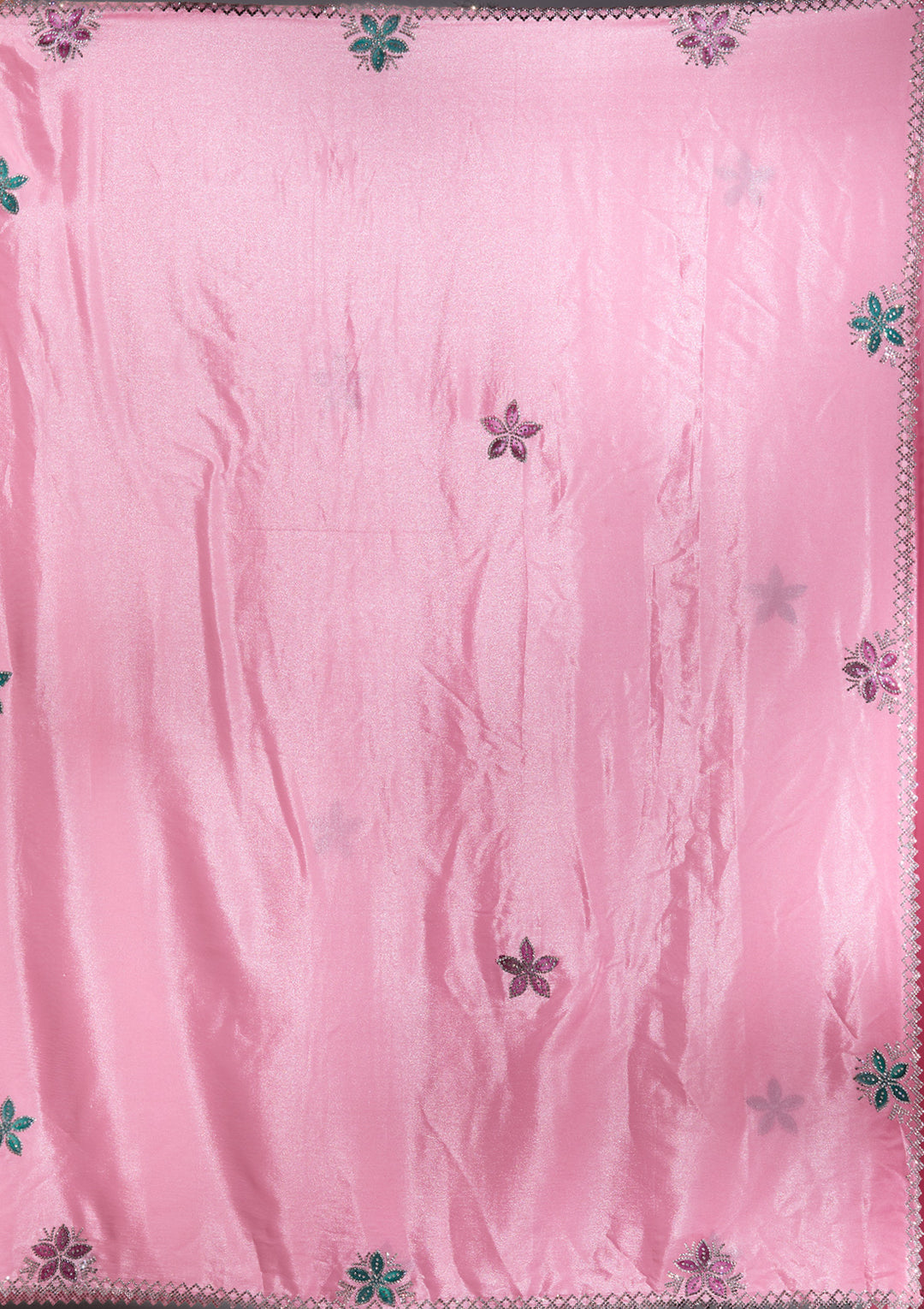 Pink Satin Floral Silver Stonework Saree With Matching Blouse Piece