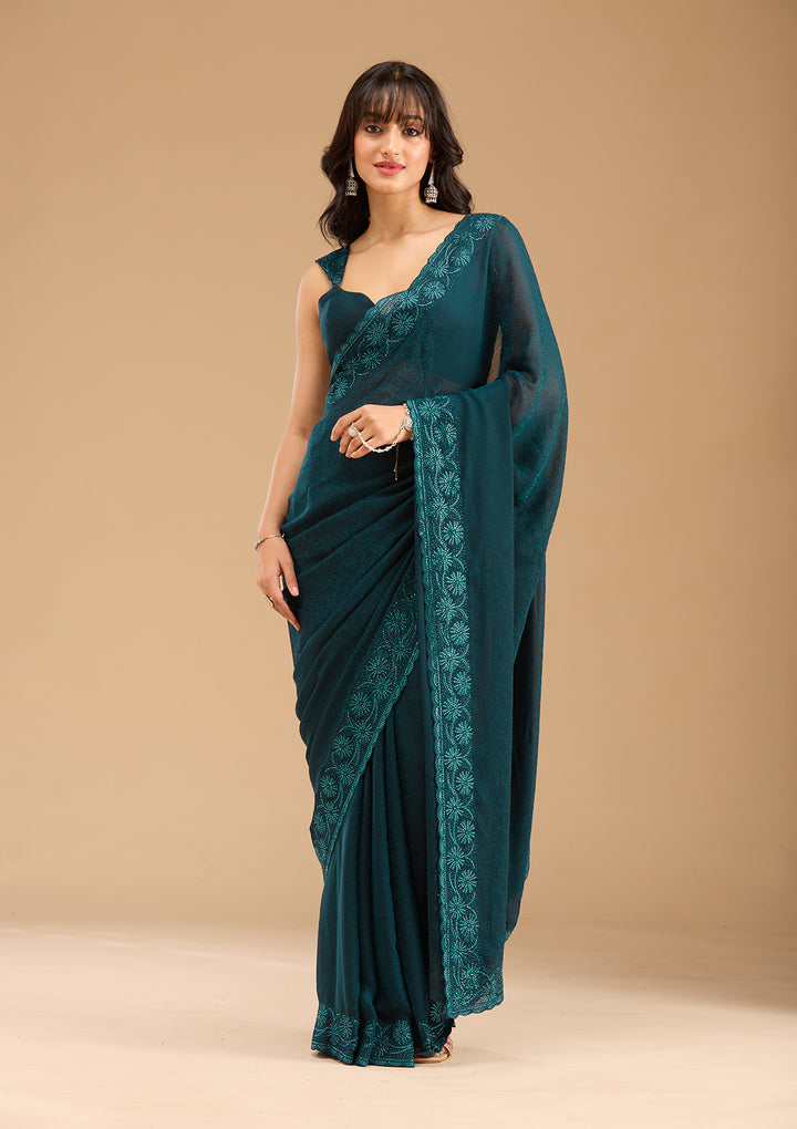 Blue Chiffon Threadwork Saree With Matching Blouse Piece