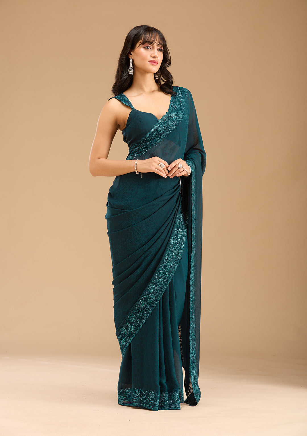 Blue Chiffon Threadwork Saree With Matching Blouse Piece