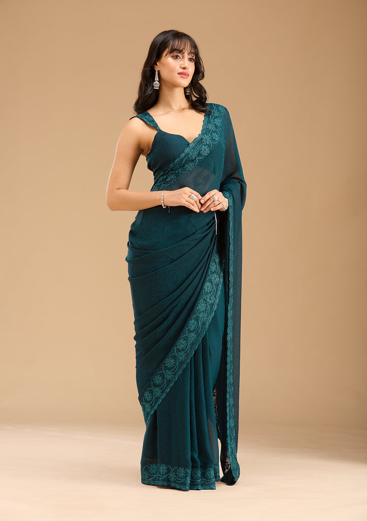 Blue Chiffon Threadwork Saree With Matching Blouse Piece
