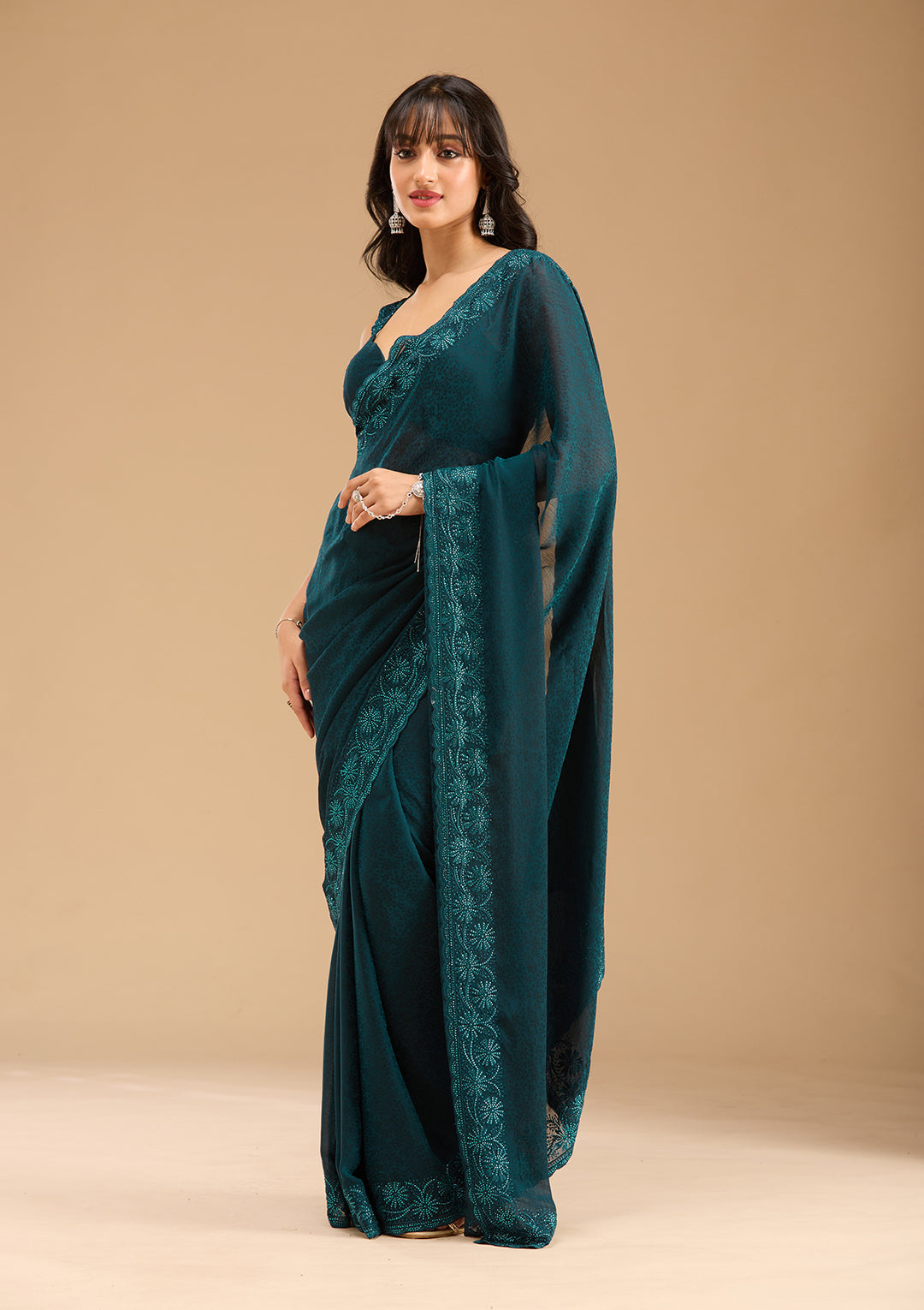 Blue Chiffon Threadwork Saree With Matching Blouse Piece