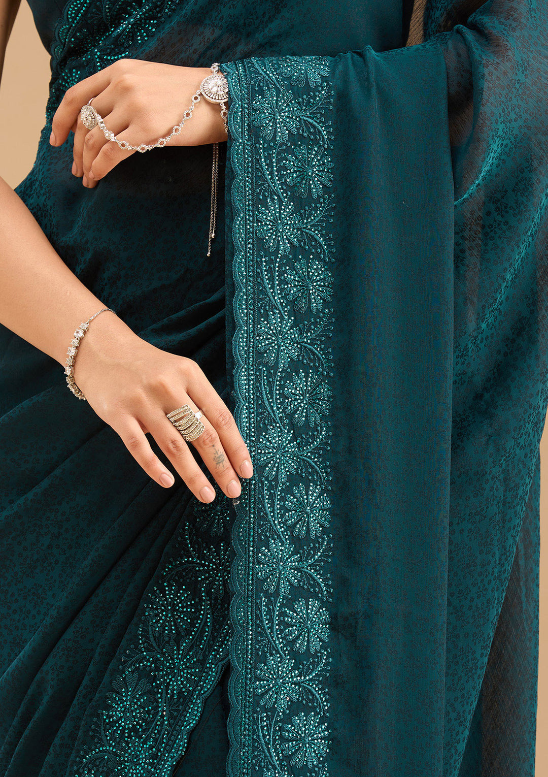 Blue Chiffon Threadwork Saree With Matching Blouse Piece
