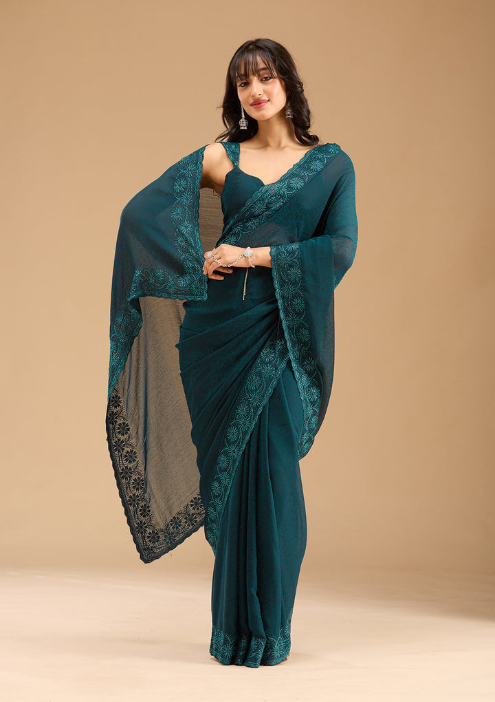 Blue Chiffon Threadwork Saree With Matching Blouse Piece