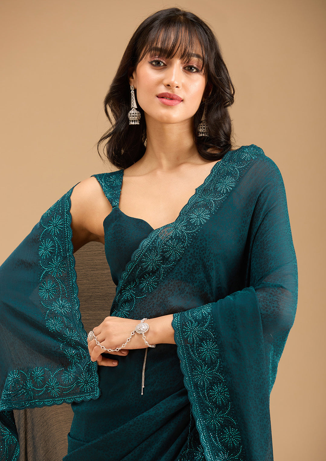Blue Chiffon Threadwork Saree With Matching Blouse Piece