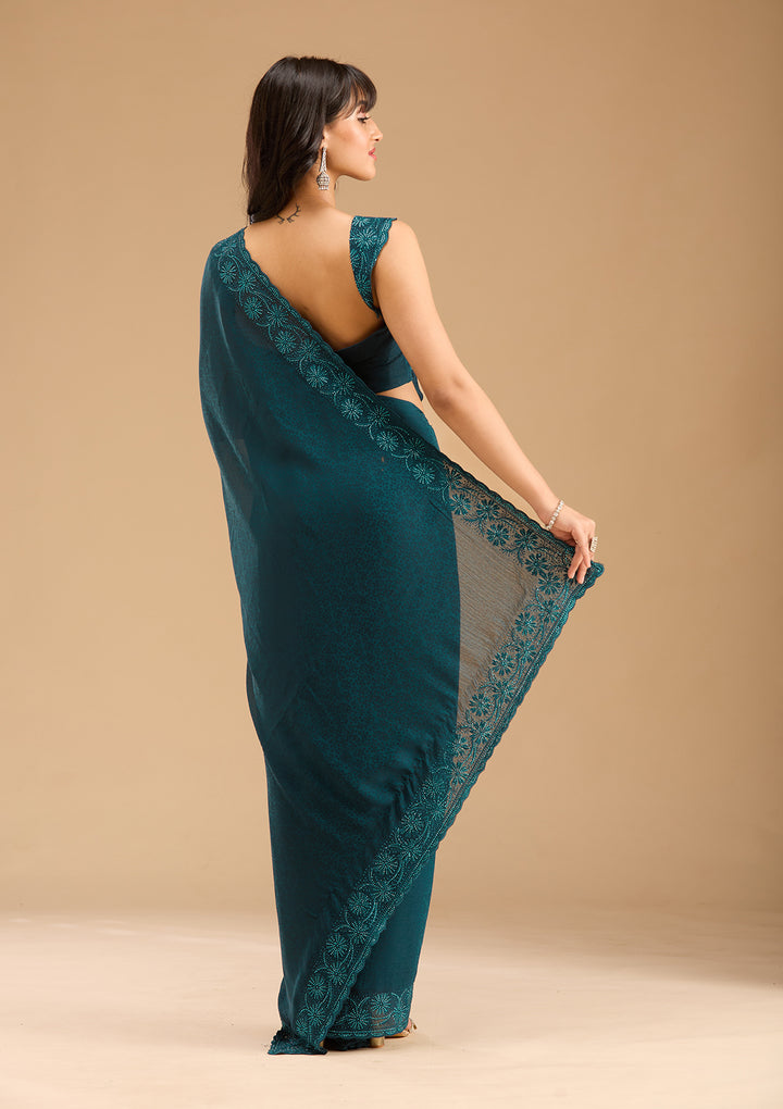 Blue Chiffon Threadwork Saree With Matching Blouse Piece