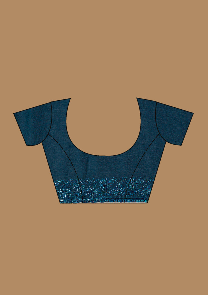 Blue Chiffon Threadwork Saree With Matching Blouse Piece