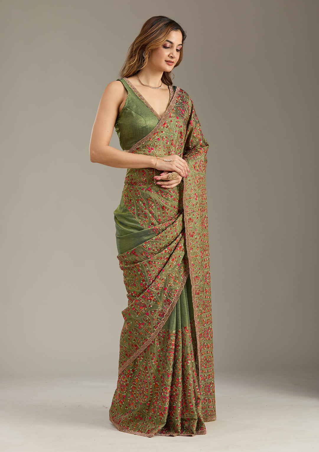 Green Kashmiri Tissue Saree
