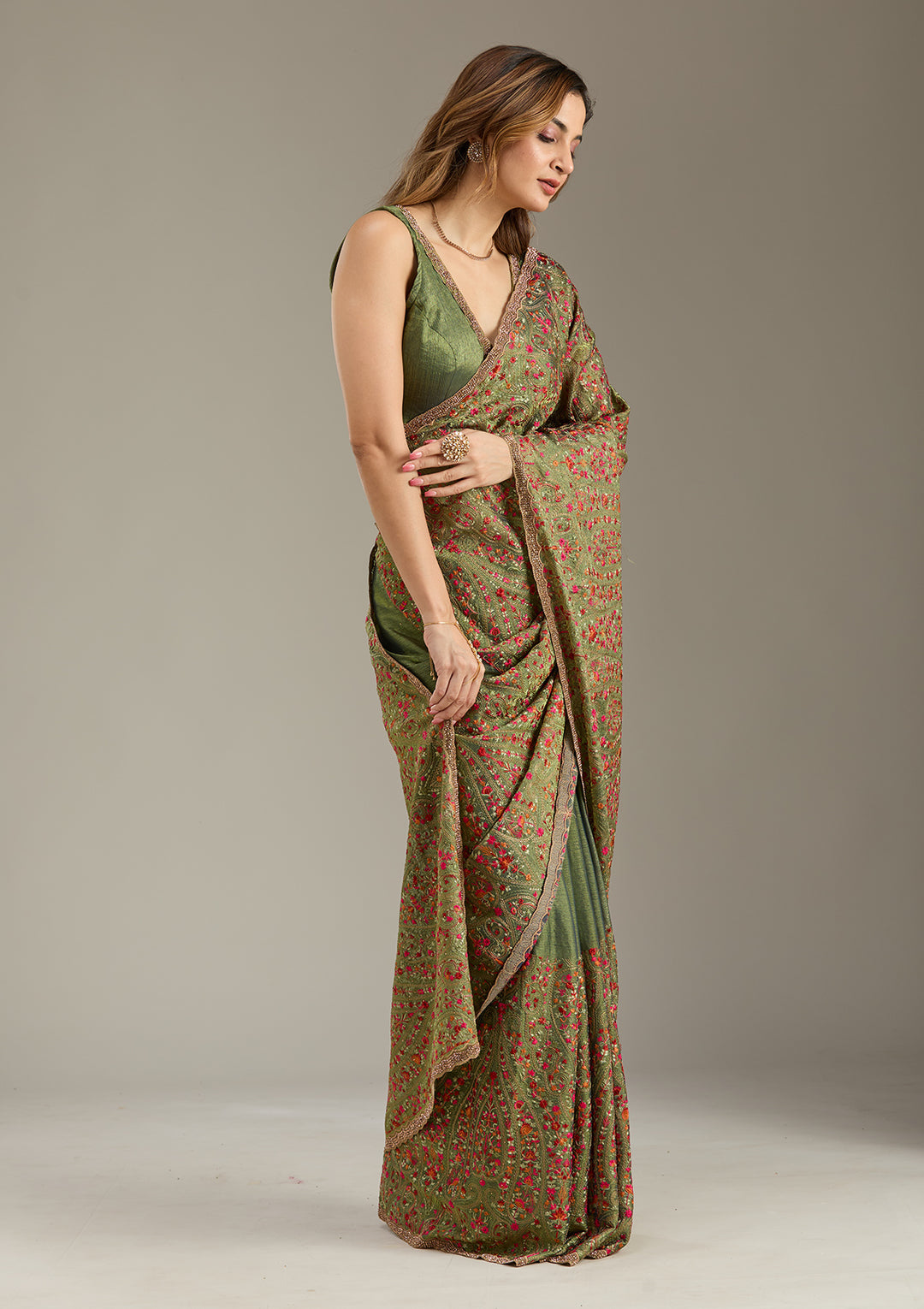 Green Kashmiri Tissue Saree