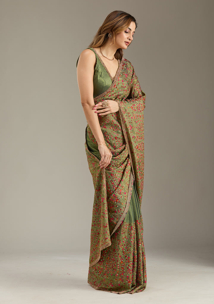 Green Kashmiri Tissue Saree