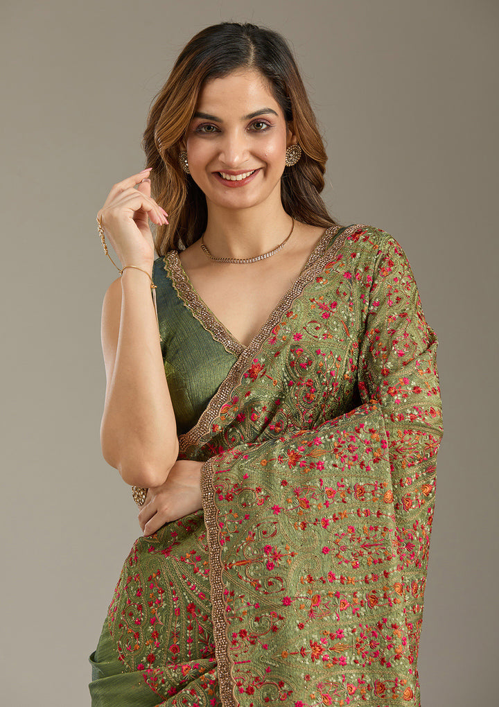 Green Kashmiri Tissue Saree