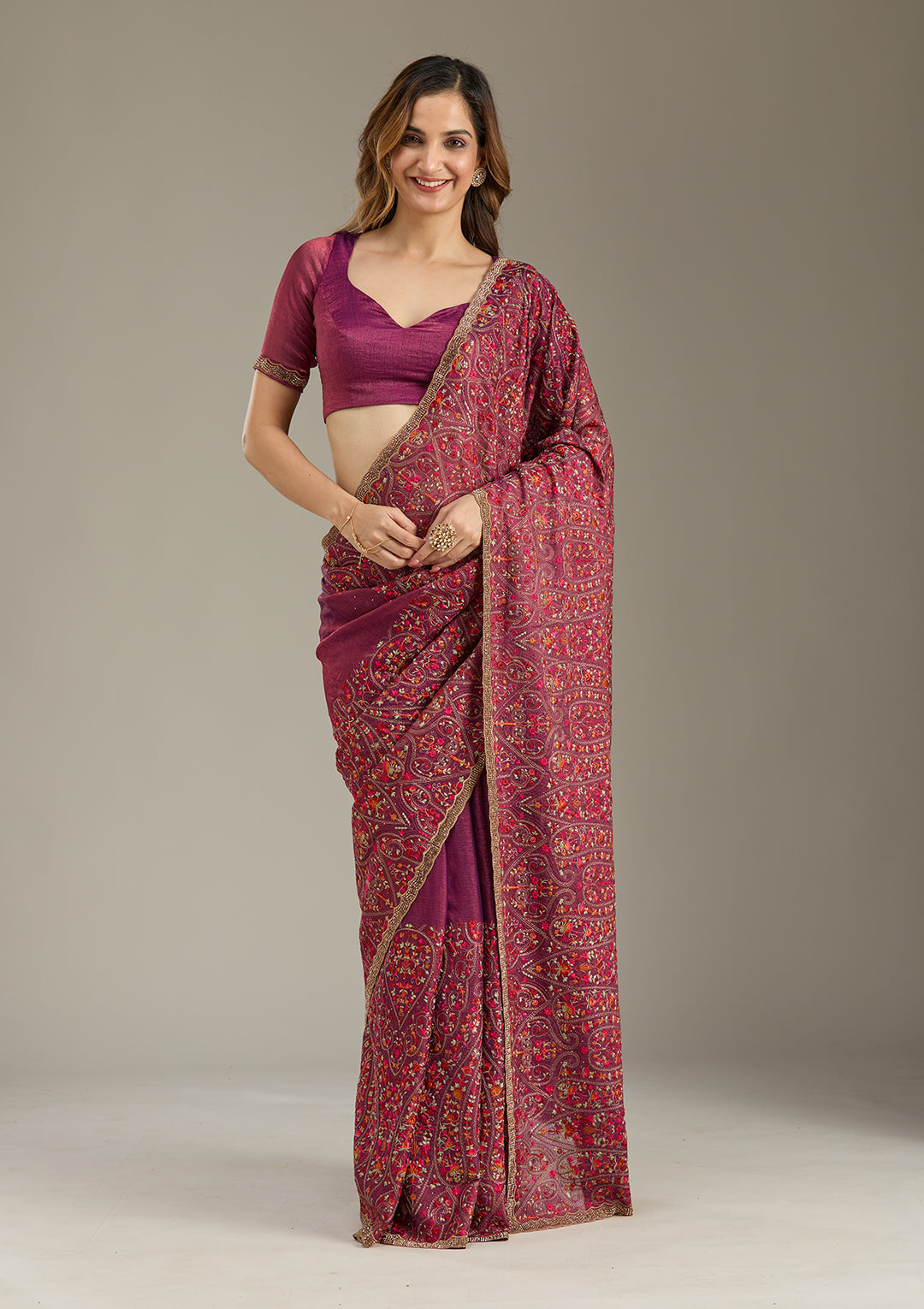 Wine Tissue Kashmiri Saree With Matching Blouse Piece