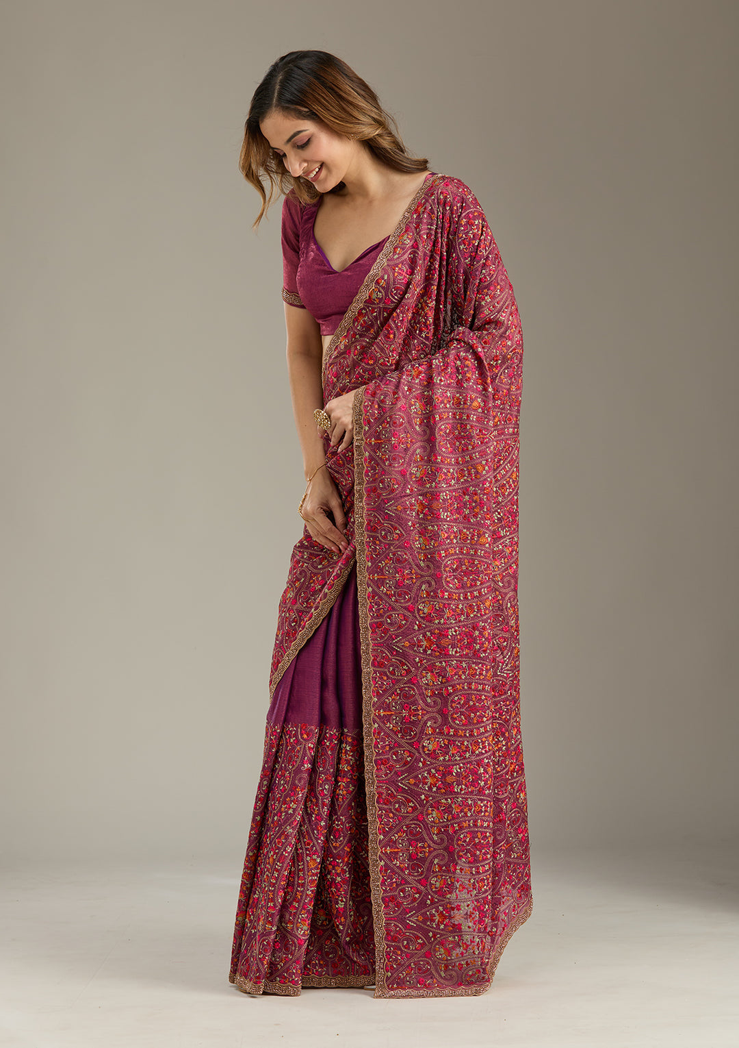 Wine Tissue Kashmiri Saree With Matching Blouse Piece