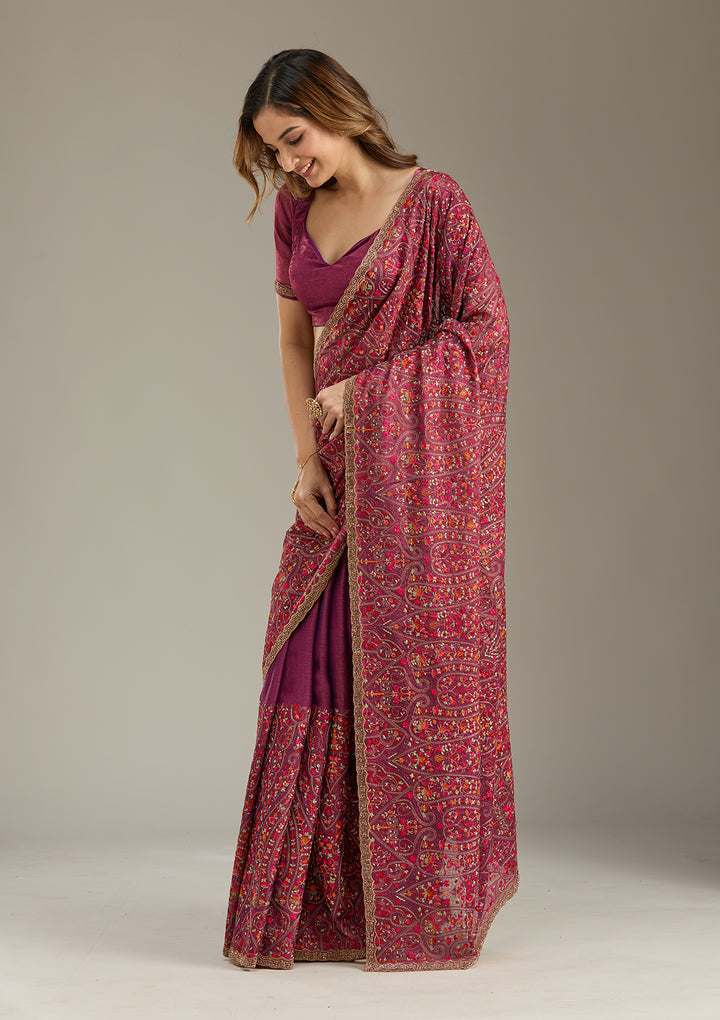 Wine Tissue Kashmiri Saree With Matching Blouse Piece